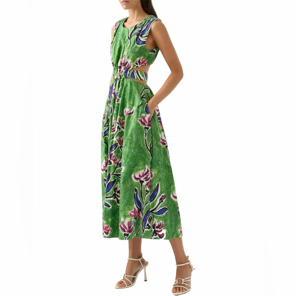 Aje Green Floral Backless Midi Dress with Pink & Blue Accents